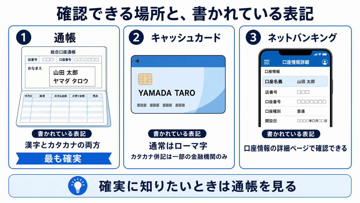 口座名義を確認できる場所と、そこに書かれている表記の違い。①通帳は漢字とカタカナの両方が書かれており最も確実。②キャッシュカードは通常ローマ字で、カタカナ併記は一部の金融機関のみ。③ネットバンキングは口座情報の詳細ページで確認できる。確実に知りたいときは通帳を見る