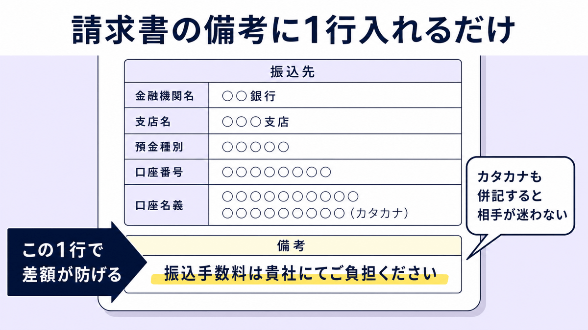 請求書の備考に1行入れるだけで差額が防げる。振込先の欄には金融機関名・支店名・預金種別・口座番号・口座名義を書き、口座名義はカタカナも併記すると相手が迷わない。備考欄に「振込手数料は貴社にてご負担ください」と記載する