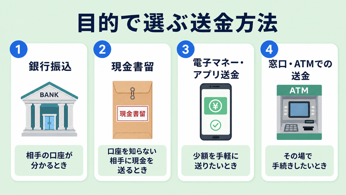 目的別に選ぶ送金方法4種。①銀行振込=相手の口座が分かるとき ②現金書留=口座を知らない相手に現金を送るとき ③電子マネー・アプリ送金=少額を手軽に送りたいとき ④窓口・ATMでの送金=その場で手続きしたいとき
