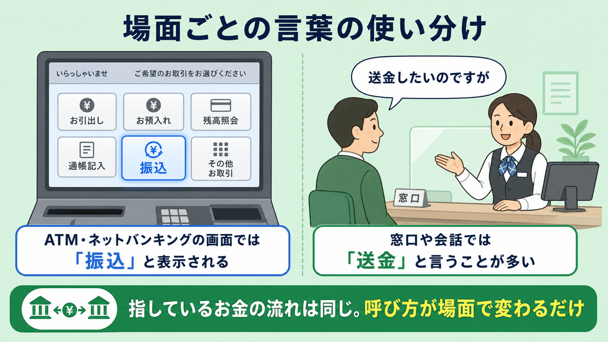 場面ごとの言葉の使い分け。ATM・ネットバンキングの画面では「振込」と表示され、窓口や会話では「送金」と言うことが多い。指しているお金の流れは同じで、呼び方が場面で変わるだけ