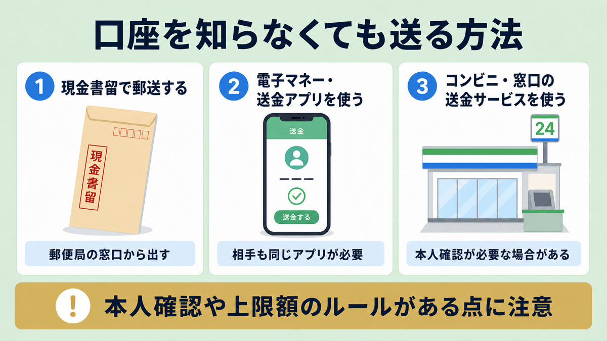 相手の口座番号が分からない場合に使える送金方法3つ。①現金書留で郵送する(郵便局の窓口から出す)②電子マネー・送金アプリを使う(相手も同じアプリが必要)③コンビニ・窓口の送金サービスを使う。いずれも本人確認や上限額のルールがある。このほか、自分の口座を使わずに相手の口座へ送る方法として銀行窓口・ATMでの現金振込がある