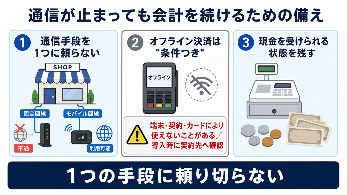 通信が止まっても会計を続けるための備え3つ。①通信手段を1つに頼らない(固定回線が不通でもモバイル回線で継続できるようにする)②オフライン決済は条件つき(端末・契約・カードにより使えないことがあるため、導入時に契約先へ確認する)③現金を受けられる状態を残す。1つの手段に頼り切らない