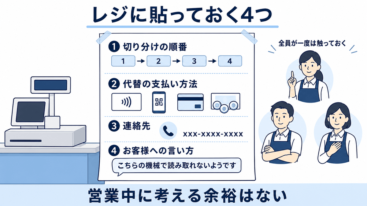 レジに貼っておく4つ。①切り分けの順番 ②代替の支払い方法 ③連絡先 ④お客様への言い方(「こちらの機械で読み取れないようです」)。スタッフ全員が一度は触っておく。営業中に考える余裕はない