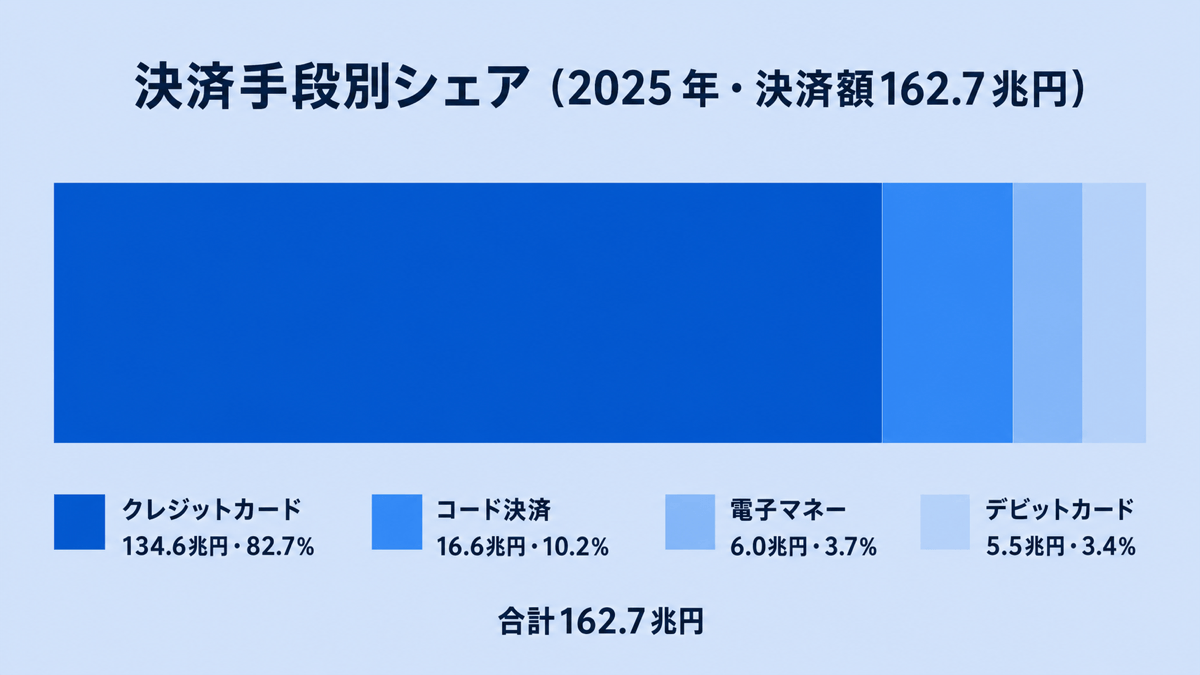 2025年の決済手段別シェア（決済額162.7兆円）。クレジットカード134.6兆円・82.7%、コード決済16.6兆円・10.2%、電子マネー6.0兆円・3.7%、デビットカード5.5兆円・3.4%