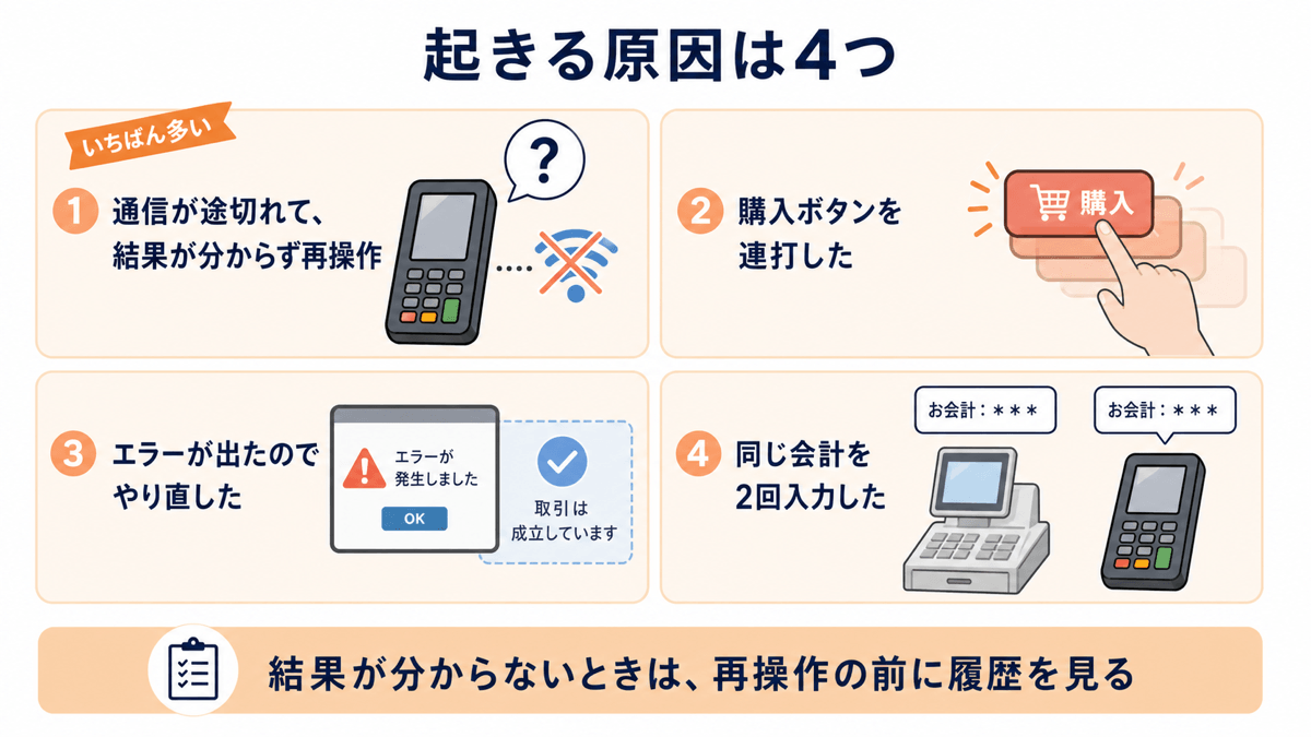 二重決済が起きる4つの原因。①通信が途切れて結果が分からず再操作した（いちばん多い）②購入ボタンを連打した ③エラーが出たのでやり直した（エラーでも取引は成立していることがある）④同じ会計を2回入力した。結果が分からないときは、再操作の前に履歴を見る