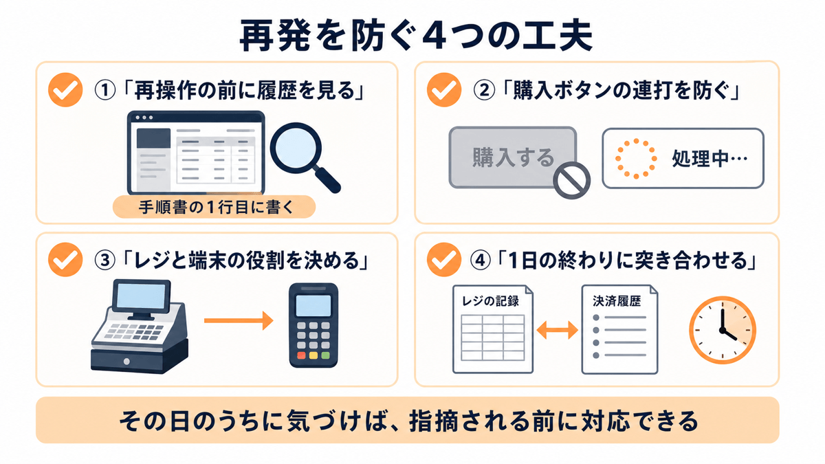 二重決済の再発を防ぐ4つの工夫。①再操作の前に履歴を見る（手順書の1行目に書く）②購入ボタンの連打を防ぐ（押せなくする・処理中と表示する）③レジと端末の役割を決める ④1日の終わりに突き合わせる。その日のうちに気づけば、指摘される前に対応できる