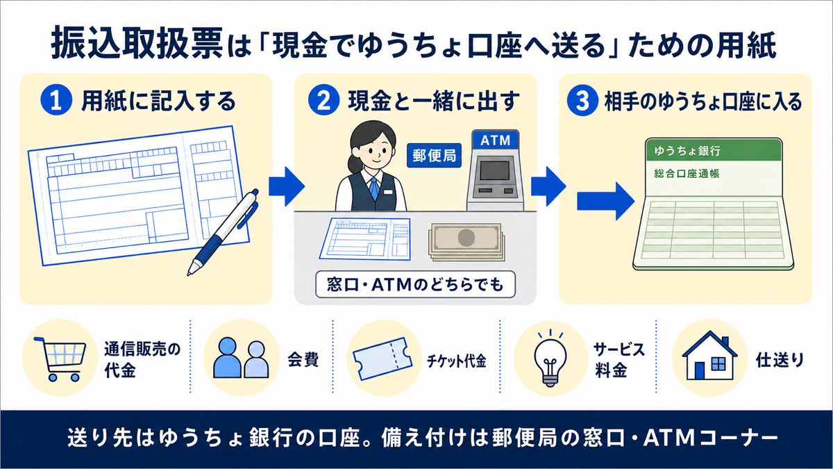 振込取扱票は「現金でゆうちょ口座へ送る」ための用紙。①用紙に記入する ②現金と一緒に出す(郵便局の窓口・ATMのどちらでも)③相手のゆうちょ口座に入る、という流れ。通信販売の代金・会費・チケット代金・サービス料金・仕送りなどで使う。備え付けは郵便局の窓口とATMコーナー