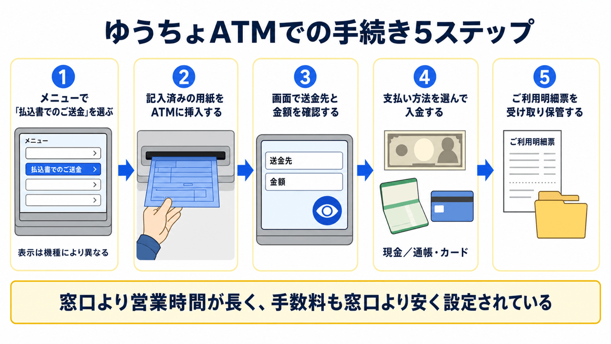 ゆうちょATMでの手続き5ステップ。①メニューで「払込書でのご送金」を選ぶ(表示は機種により異なる)②記入済みの用紙をATMに挿入する ③画面で送金先と金額を確認する ④支払い方法(現金/通帳・カード)を選んで入金する ⑤ご利用明細票を受け取り保管する。窓口より営業時間が長く、手数料も窓口より安く設定されている