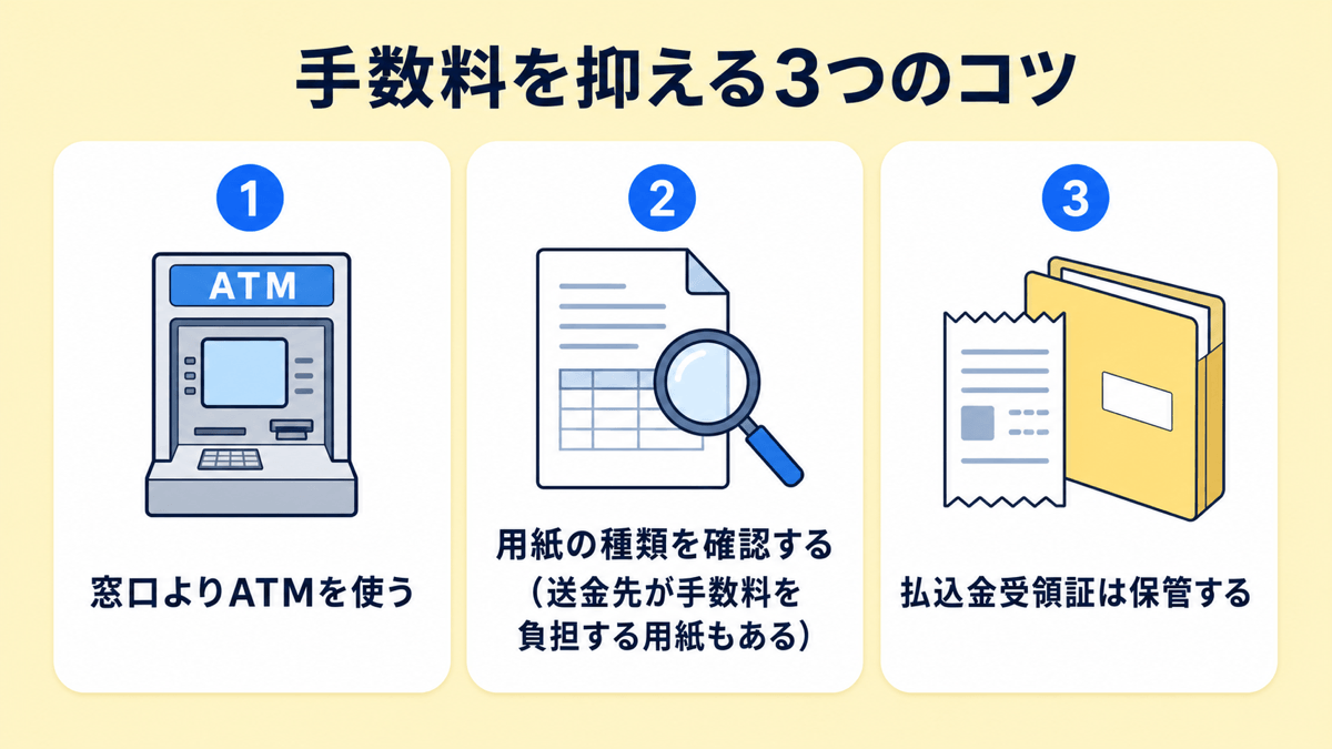 手数料を抑える3つのコツ。①窓口よりATMを使う ②用紙の種類を確認する(送金先が手数料を負担する用紙もある)③払込金受領証は保管する