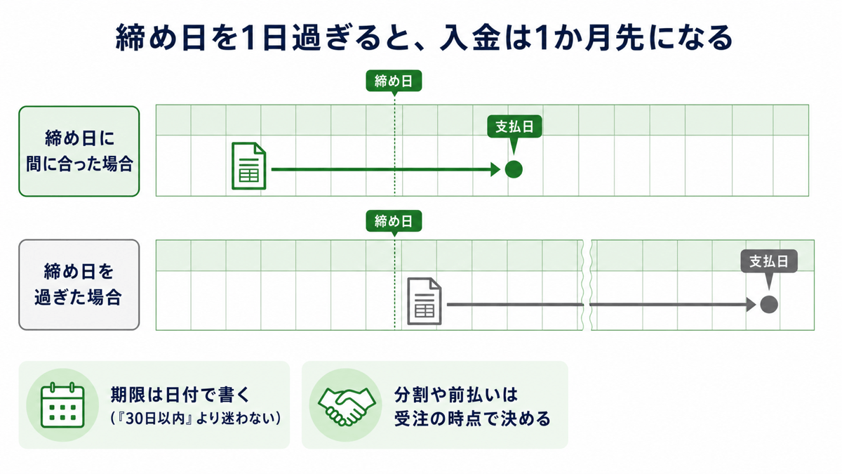 締め日を1日過ぎると入金は1か月先になることを示した図。締め日に間に合えば同じ月内の支払日に入金されるが、締め日を過ぎると翌月の支払日まで待つことになる。期限は「30日以内」ではなく日付で書く。分割や前払いは受注の時点で決める