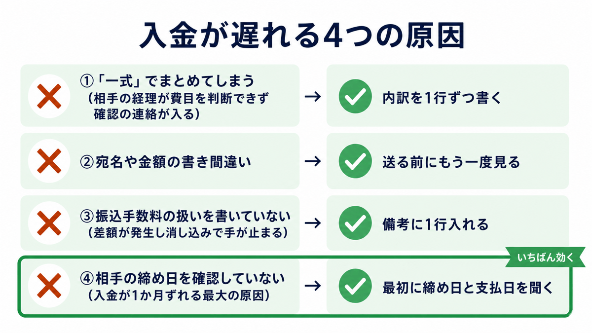 入金が遅れる4つの原因と対策。①「一式」でまとめてしまう→内訳を1行ずつ書く ②宛名や金額の書き間違い→送る前にもう一度見る ③振込手数料の扱いを書いていない→備考に1行入れる ④相手の締め日を確認していない（入金が1か月ずれる最大の原因）→最初に締め日と支払日を聞く
