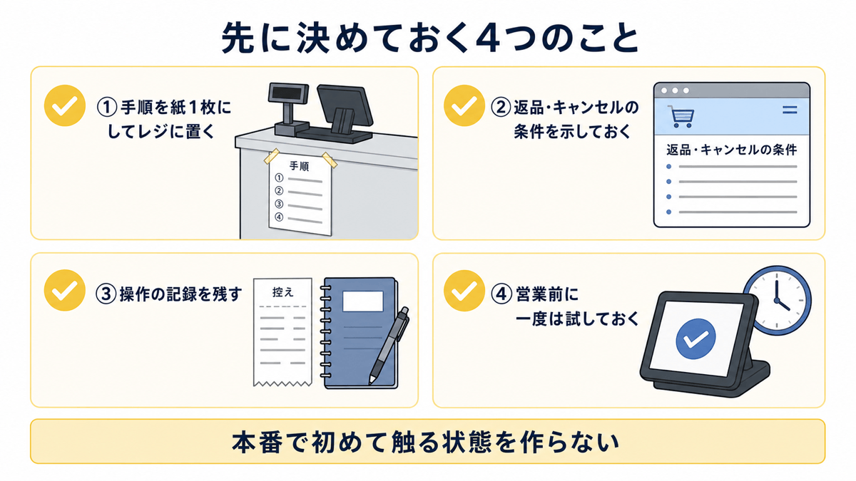取消・返金の運用で先に決めておく4つのこと。①手順を紙1枚にしてレジに置く ②返品・キャンセルの条件を示しておく ③操作の記録を残す ④営業前に一度は試しておく。本番で初めて触る状態を作らない