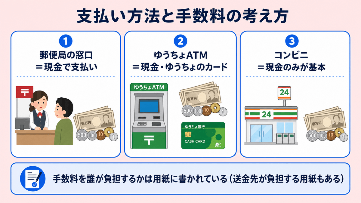 支払い方法別の手段を示した図。①郵便局の窓口は現金 ②ゆうちょATMは現金・ゆうちょのカード ③コンビニは現金のみが基本。手数料を誰が負担するかは用紙に書かれており、送金先が負担する用紙もある