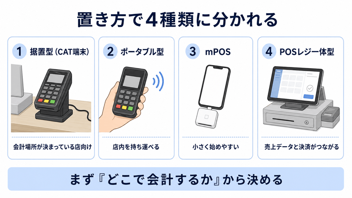 決済端末は置き方で4種類に分かれる。①据置型(CAT端末)は会計場所が決まっている店向け ②ポータブル型は店内を持ち運べる ③mPOSはスマホに小型リーダーを接続し小さく始めやすい ④POSレジ一体型は売上データと決済がつながる。まず「どこで会計するか」から決める