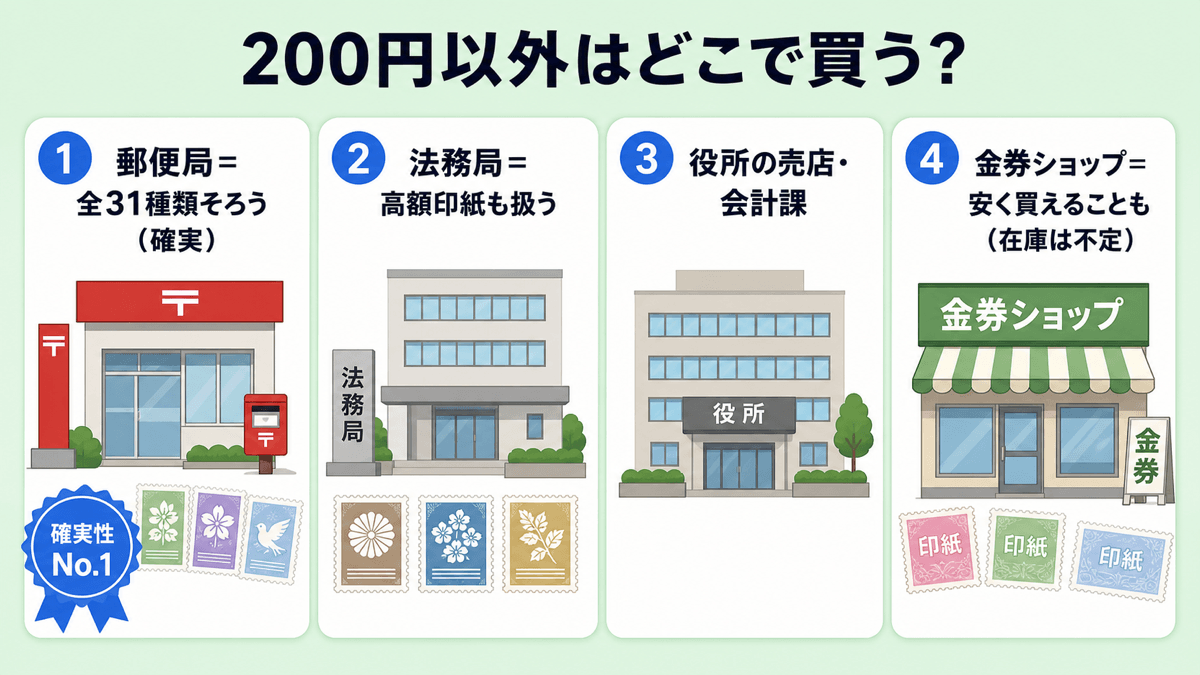 200円以外の収入印紙が買える場所4つ。①郵便局は全31種類がそろい確実性が最も高い ②法務局は高額印紙も扱う ③役所の売店・会計課 ④金券ショップは安く買えることもあるが在庫は不定