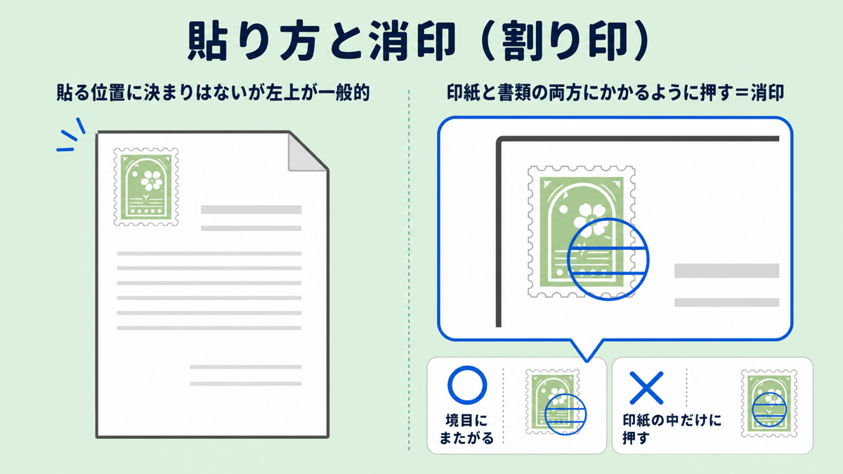 収入印紙の貼り方と消印のルール。貼る位置に決まりはないが左上が一般的。消印は印紙と書類の両方にかかるように押す。境目にまたがっていれば○、印紙の中だけに押すのは×